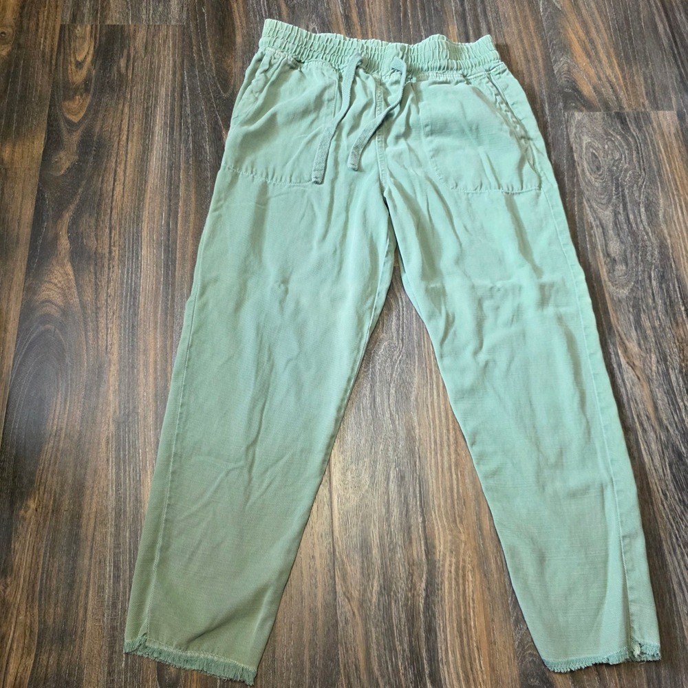 Zara Sage Green Lyocell Cotton Drawstring Pants Frayed Hem Womens Medium